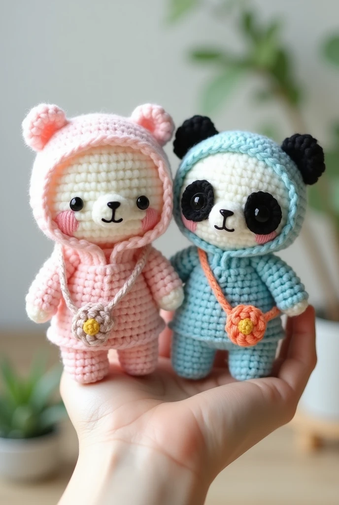 Produk desain,mini plushie, amigurumi , , A chubby bear with white color, wearing pastel pink Hoodie to cover the head, and wearing pink dress, wearing crochet flower sling bag and a chubby panda, wearing pastel blue jumpsuit, wearing crochet Sling bag, brand's eyes are made of black amigurumi eyes, , kawaii design,Head size is larger than body, Product photo with plushie Standing on the wrist