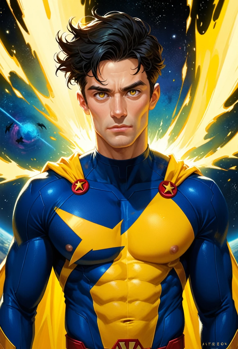 1 boy, superhero, yellow lantern, комиксы dc, comics , black hair, yellow eyes, fly in space, yellow energy, кольцо фонаря, 