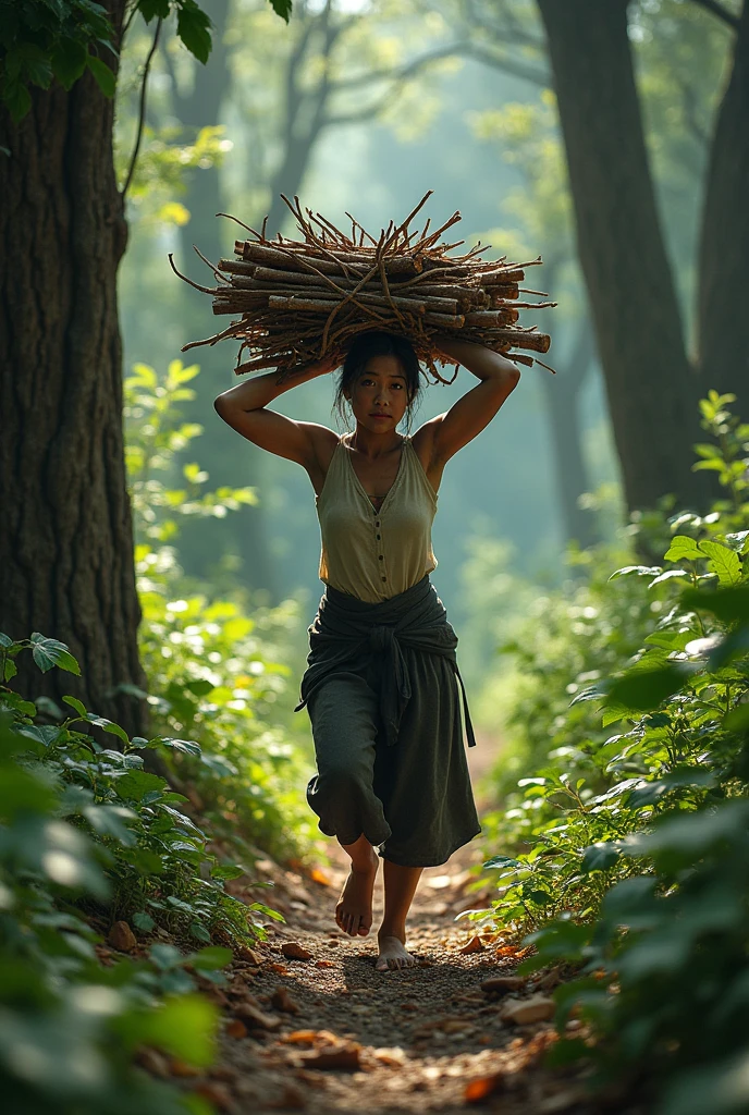 Woman comes out of the woods with her bundle of firewood on her head