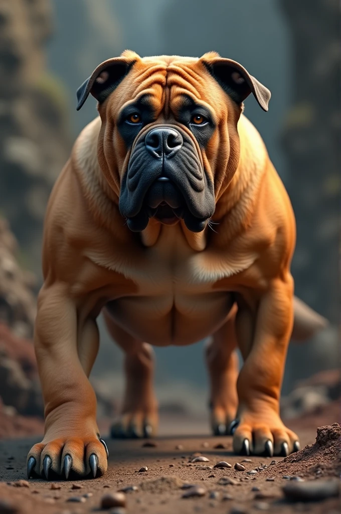 Create a 4K ultra-realistic image of a Bullmastiff with a robust, muscular build. The dog should have a vibrant, non-black coat color, such as fawn or brindle. The image should depict the Bullmastiff in a powerful, intimidating stance with a serious, alert expression, set against a richly detailed background.”