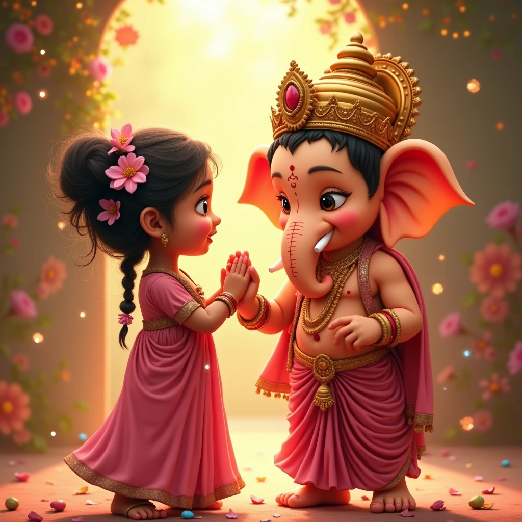 
A young girl in a traditional pink saree, adorned with flowers in her hair, playfully interacts with a small, cartoonish representation of the Hindu deity Ganesha, who is wearing colorful attire and a decorative crown. The setting features warm sunlight, creating a cozy and festive atmosphere.