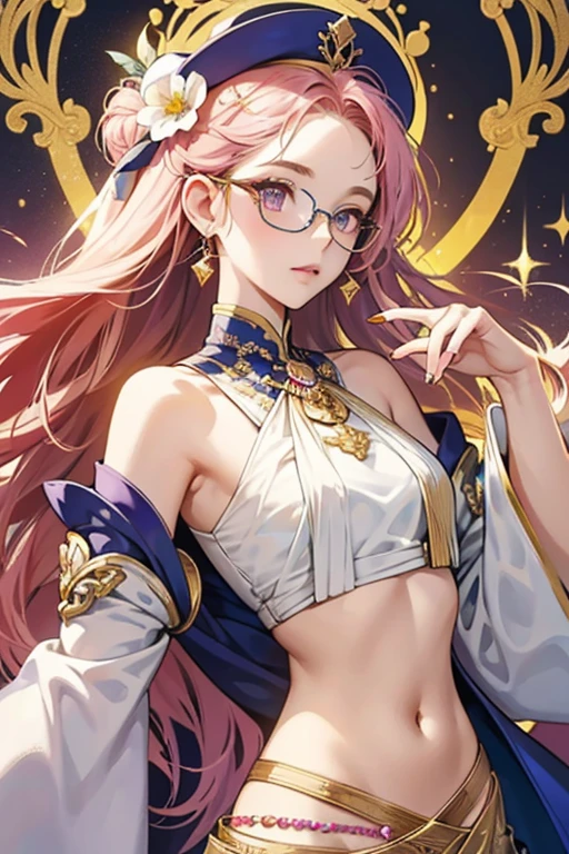 Dori is a girl with fair skin, golden brown eyes and messy pink hair with several tufts that stick out in random directions and a small hairpin. She sports a large purple hat with gold details and a large golden ornament with a gem that resembles a flower pinned to the front along with a white and purple bow. Dori also sports a pair of small glasses with reddish lenses and gold diamond-shaped frames.
Dori wears a black cropped top exposing her midriff with detached white sleeves decorated with numerous golden trinkets and gems showing her belly button. Her sleeves have a number of white and gold overcoats that resemble flowers, and her chest has a large blue gem in the middle with a long piece of white fabric attached to it. She also wears a number of golden rings on her fingers and wears pink nail polish. SPARKLE; GLITTER
