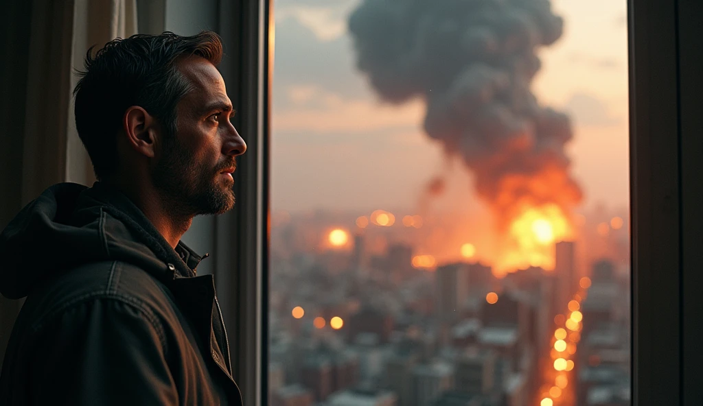 detailed man looking out window, bombs falling on city, explosions, view from inside looking out, realistic, photorealistic, 8k, ultra-detailed, masterpiece, dramatic lighting, cinematic, moody atmosphere, intense colors, dark tones, gritty, apocalyptic, war, chaos, fear, helplessness, powerful emotions