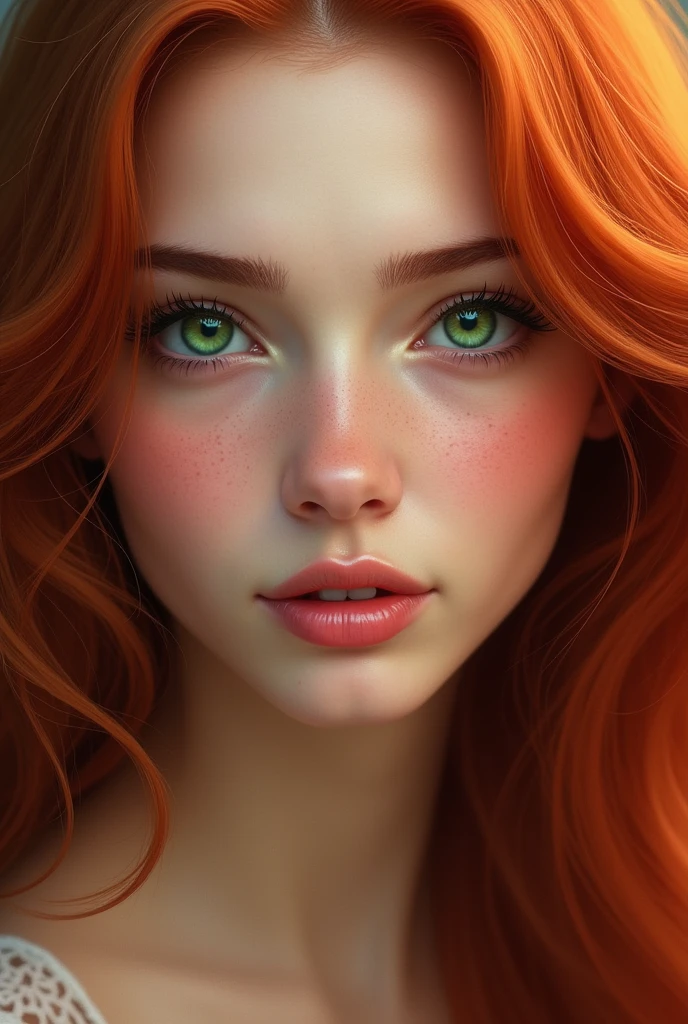 a beautiful girl,long red hair with captivating green eyes(make it more realistic