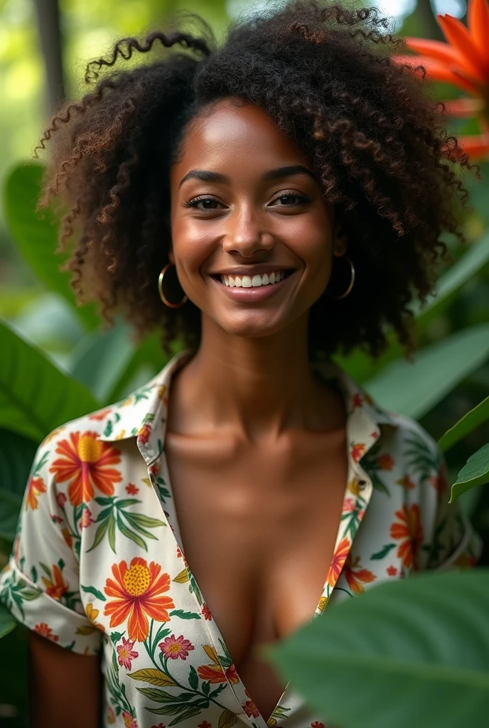 A Brazilian woman in a lush tropical garden, wearing an open shirt with a floral print, with a close-up capturing the harmonious beauty between her breasts and the natural flowers, showing off your natural charm and outgoing personality.