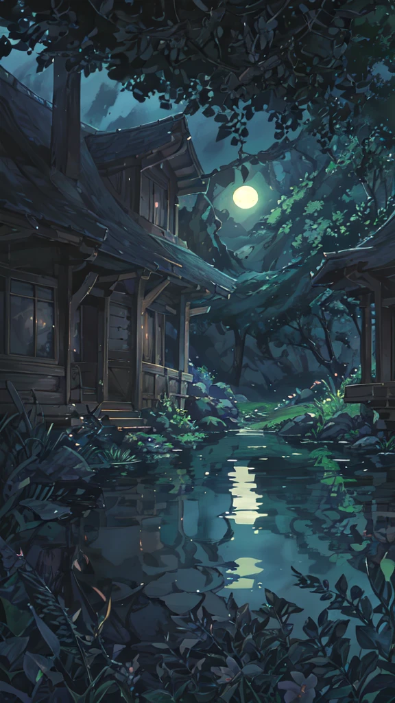 Nighttime, Moonlit night, dark sky, , spring, jungle, lake, cave, waterfall, tree, grassland, rock, , hot spring, steam, , (illustration: 1.0), Narrative construction, realistic lighting, HD Detail, masterpiece, best quality, (Highly detailed CG integrated 8K wallpaper)