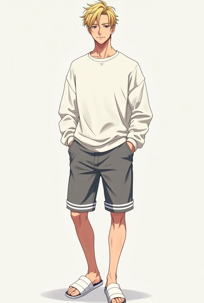 blonde male anime character,
sem beard,
white sweatshirt coat,
gray shorts with white stripes on the sides,
white slipper