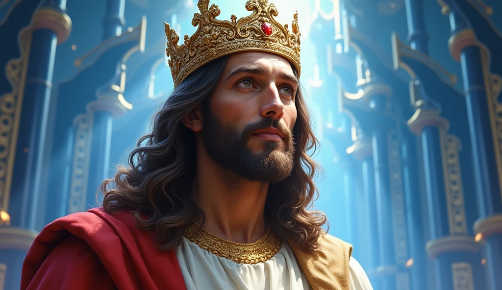 Jesus with a king&#39;s crown on his head, JesusChrist, the lord and savior, portrait of JesusChrist, Jesus of Nazareth, brilliant light masterpiece, jesus, greg olsen, king of kings, beautiful image already created, image background a kingdom of beautiful, blue and silver colors, sua mente contemplando a eternidade, glorious light,!! with a serene look and a slight smile!
