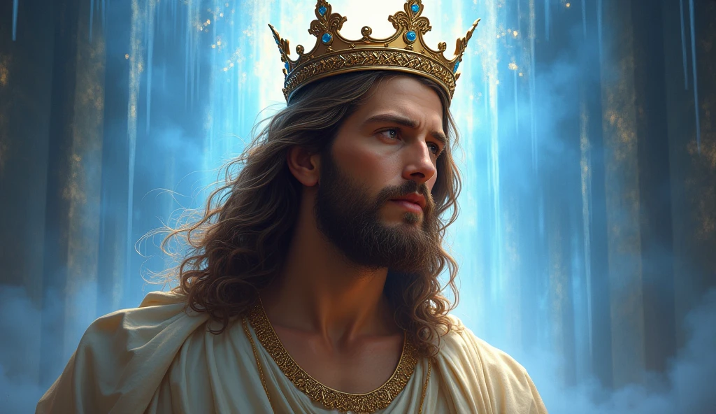 Jesus with a king's crown on his head, JesusChrist, the lord and savior, portrait of JesusChrist, Jesus of Nazareth, brilliant light masterpiece, jesus, greg olsen, king of kings, beautiful image already created, image background a kingdom of beautiful, blue and silver colors, sua mente contemplando a eternidade, glorious light,!! with a serene look and a slight smile!