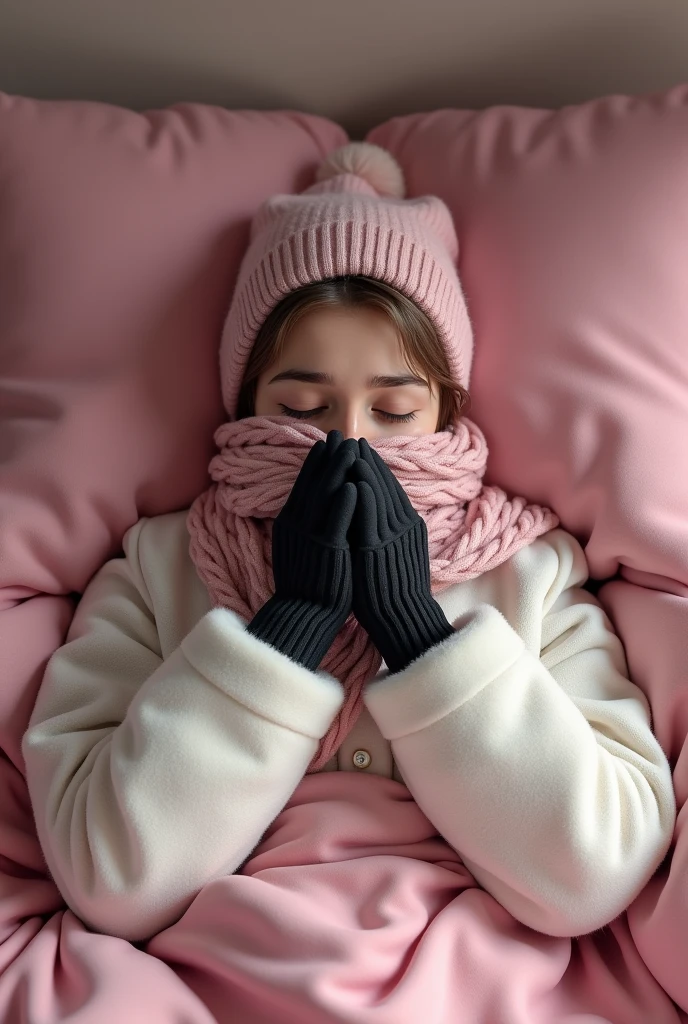 A hijabi girl in white winter clothes, wearing a pink beanie without a pompom and black wool gloves, is lying on a pink bed. Her eyes are covered with a soft winter scarf that acts as a blindfold. Her hands are loosely tied in front of her with a gentle, wool scarf, not tightly but just enough to show they are bound. She looks slightly uncomfortable, her black wool scarf resting near her mouth. She tries to speak, but her words are muffled, creating a sense of mild frustration.