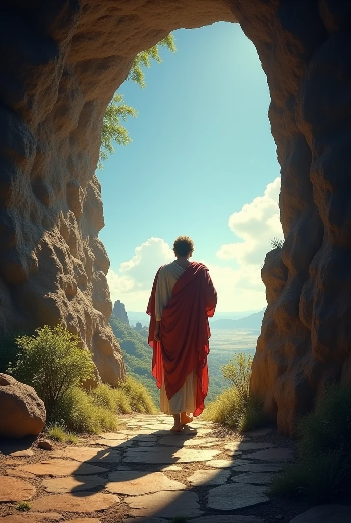 I want you to make an image of Plato coming out of his cave of ideas.