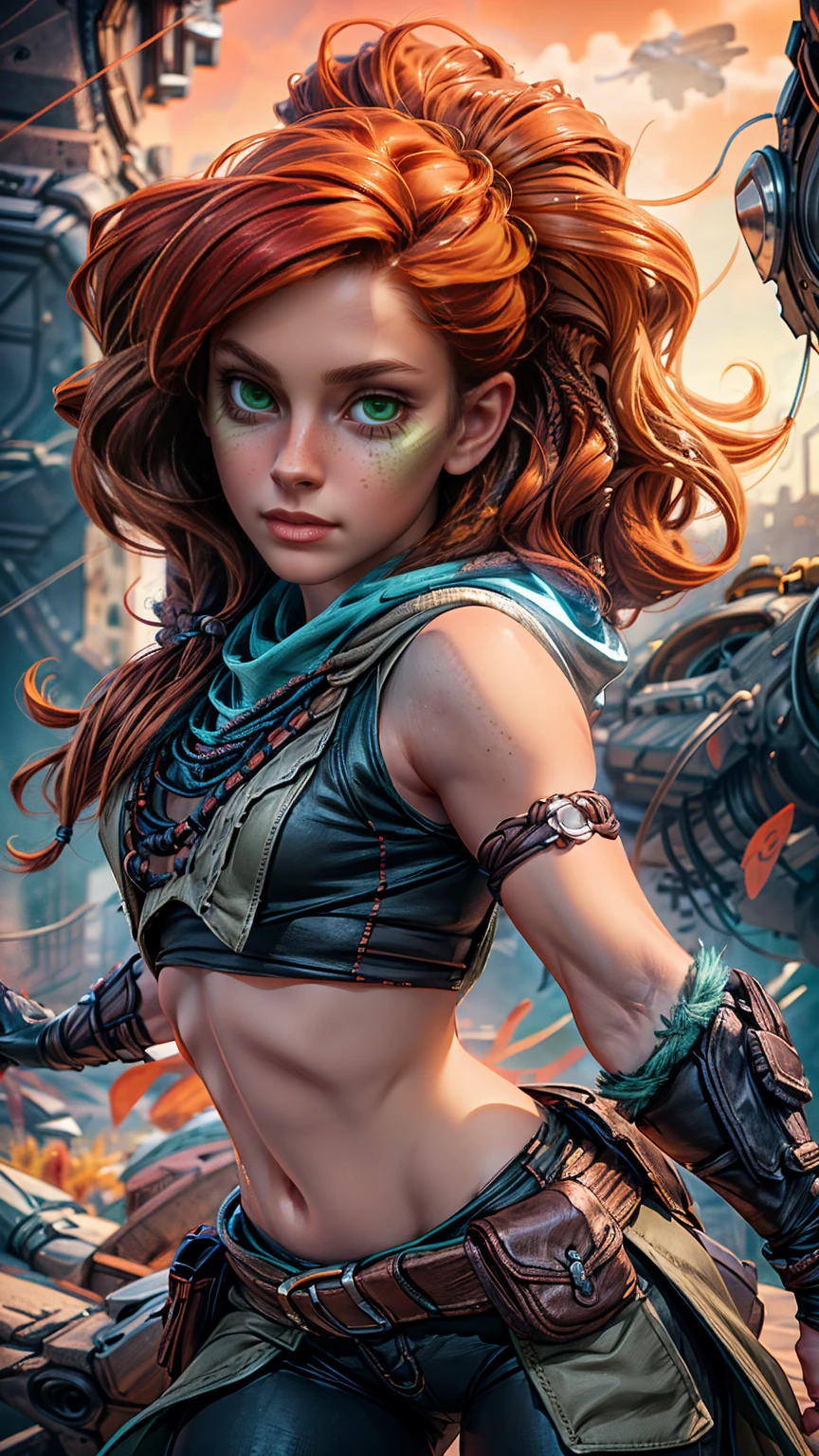 beautiful detailed eyes, beautiful detailed lips, extremely detailed eyes and face, long eyelashes, 1girl, cosplay, Kim Possible cosplays as Aloy from Horizon games, intricate detailed costume, high quality 3D render, cinematic lighting, photorealistic, hyper detailed, vibrant colors, warm lighting, dramatic pose, dynamic action, epic fantasy, (wide angle:1.32), (full length portrait:1.27), (small head) 