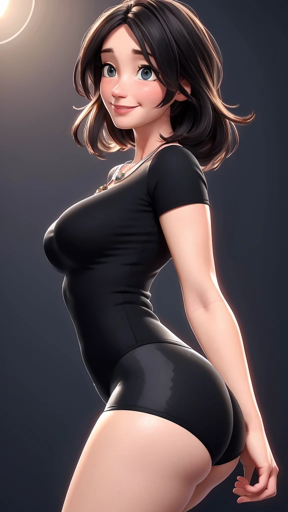 Emily Blunt, (best qualityer:1.4),(first Ablaze), body focus, (cute face), work of art, ultrarealistic, (((best qualityer))), ((comely Finger)), , comely body, Gorgeous character design, ,lighting perfeita, ambient light, colorfully, Ablaze_front_face_lighting, ultra high resolution, high resolution, absurderes:1.2, bokeh:1.2, Lens flare, (Vibrant_colour:1.2), (comely, medium breasts:1.2), (thick-thighs:1.1), thick,
Animated female character, 84kg, ((curvy body)), sideways back, Round face, kind smile, ((wearing very tight lycra shorts and black top)), fitted shorts, silver necklace with pendant, wrinkles, long hair, big ass view, ((view from the side))