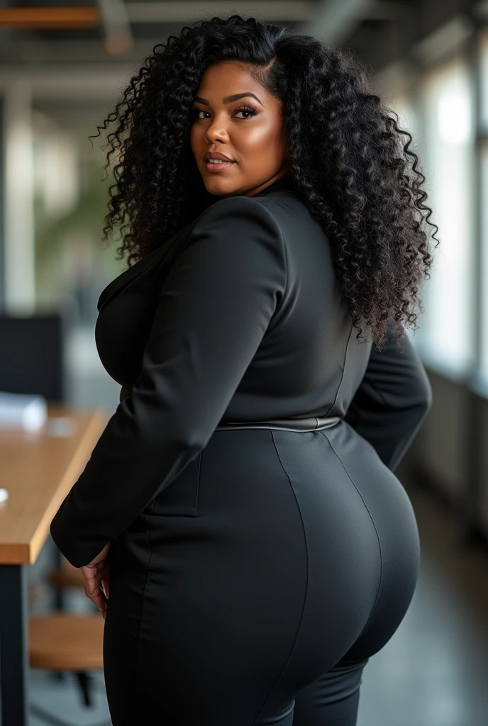 Brunette woman with very curly hair, super curly, black hair, full body shoot, curvy woman, big saggy breast, big tits, curvy woman, wide tights, huge ass, dressed for business