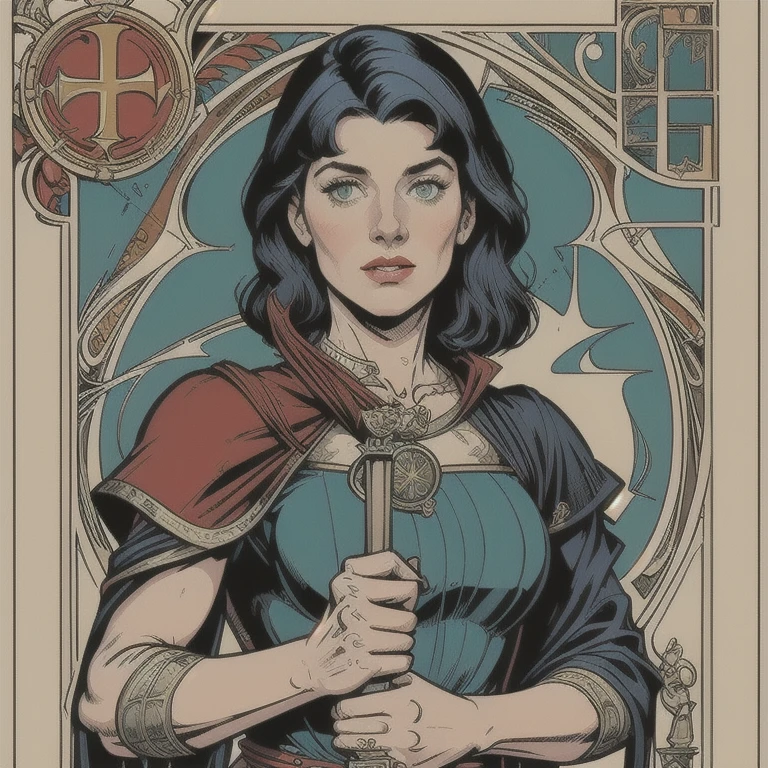 a highly detailed tarot card illustration of justice, medium scale, balance scales, sword, (Morgan Greer Tarot:1.2), retro art style, thick outlines, english text, roman numerals, photorealistic, 8k, best quality, masterpiece
