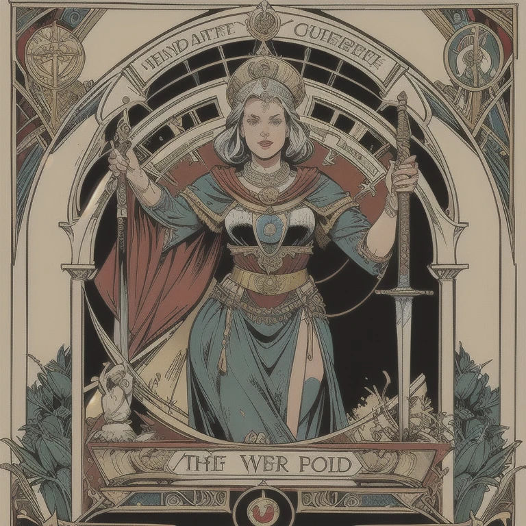 a highly detailed tarot card illustration of justice, medium scale, balance scales, sword, (Morgan Greer Tarot:1.2), retro art style, thick outlines, english text, roman numerals, photorealistic, 8k, best quality, masterpiece