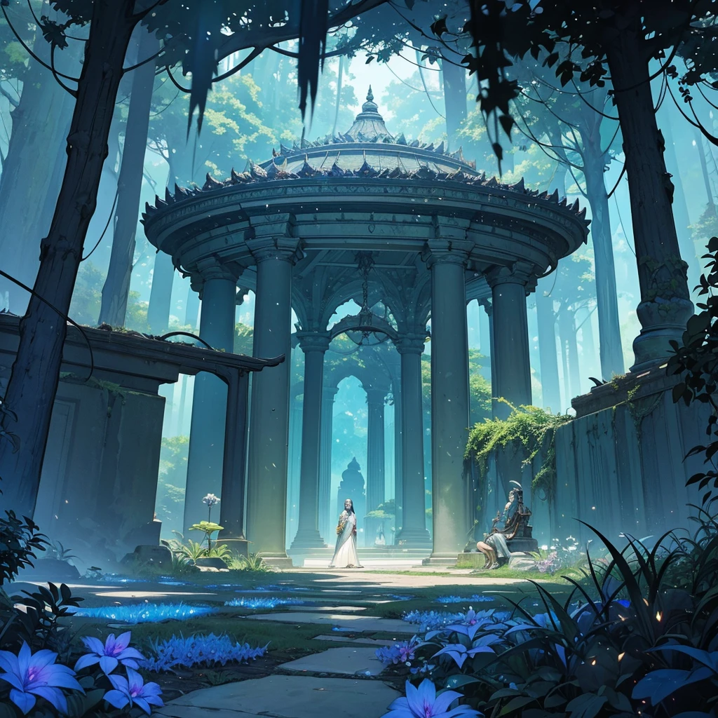 Create an image of an underground realm filled with harmonious bioluminescent flora and fauna, forming a serene underground utopia. The scene should be inspired by the Majapahit Empire, blending elements of its legend, mythology, and historical sagas. The environment should be lush with glowing plants and mystical creatures, casting a soft, enchanting light across the underground landscape. The architecture and design should incorporate Majapahit motifs, such as ornate carvings, ancient stone structures, and intricate patterns, seamlessly integrated into the natural surroundings. The overall image should be a masterpiece, with photorealistic detail, vibrant colors, and a sense of otherworldly peace and harmony, capturing the mystical and legendary atmosphere of this hidden realm.