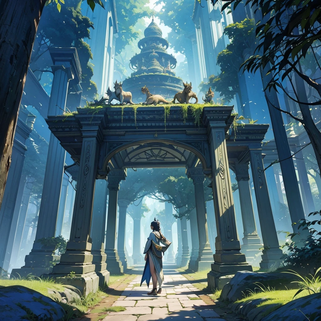 Create an image of an underground realm filled with harmonious bioluminescent flora and fauna, forming a serene underground utopia. The scene should be inspired by the Majapahit Empire, blending elements of its legend, mythology, and historical sagas. The environment should be lush with glowing plants and mystical creatures, casting a soft, enchanting light across the underground landscape. The architecture and design should incorporate Majapahit motifs, such as ornate carvings, ancient stone structures, and intricate patterns, seamlessly integrated into the natural surroundings. The overall image should be a masterpiece, with photorealistic detail, vibrant colors, and a sense of otherworldly peace and harmony, capturing the mystical and legendary atmosphere of this hidden realm.