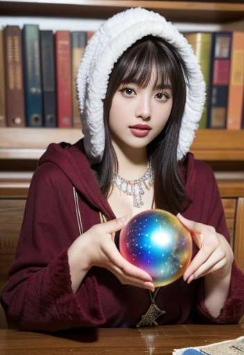 nsfw0.2、(Too much exposed skin)、(((Big Breasts)))、Very beautiful woman、Serious,Slender women、sfw,(Detailed face)、Realistic Skin、((Delicate photo)),uhd,(Girl masterpiece RAW photo details:1.25), (Highest quality:1.6), (Ultra-high resolution:1.5), (Realistic:1.75), 8k resolution, Canon EOS R5, 50mm, Absurd, Very detailed,Cinema Lighting、One Girl, fortune teller、astrologer、(((A magnificent starry sky in the background)))、(((It has a hood、A burgundy robe intricately decorated with beautiful details)))、((Horoscope))、(((fortune teller)))、Long black hair、((Blunt bangs))、Cowboy Shot、(((Please hold your hand over the crystal ball on the table.)))、Fancy Necklace、Lace gloves、((((A lot of old books))))