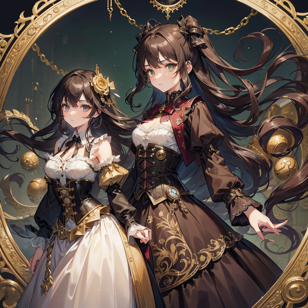 teen girl, Dark brown hair, wavy and with some golden highlights, It is gathered in an elaborate hairstyle that combines braids and silk bows., Adorned with small gears and mechanical ornaments that reflect its steampunk style. his eyes, of a deep emerald green, stand out with a touch of smoky shadow, She wears a burgundy velvet Victorian dress, with a wide skirt and several layers of lace and silk. The top of the dress is adorned with a brown leather corset., decorated with intricate gold embroidery and small pocket watches. The corset adjusts to your figure with metal straps.