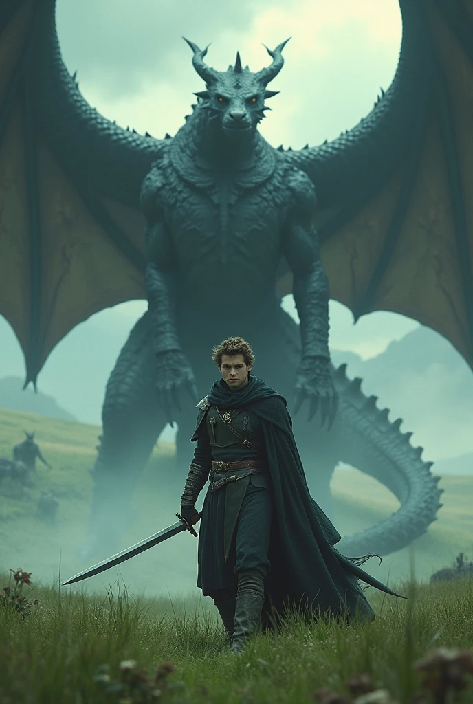 work of art. a strong, young man, serious-looking man, fighting powerful black dragons, in the background are several colossal dragons. the man is brandishing a sword of blinding light. The landscape is of green fields in the background. Lord of the Ring, Skyrim. Epic