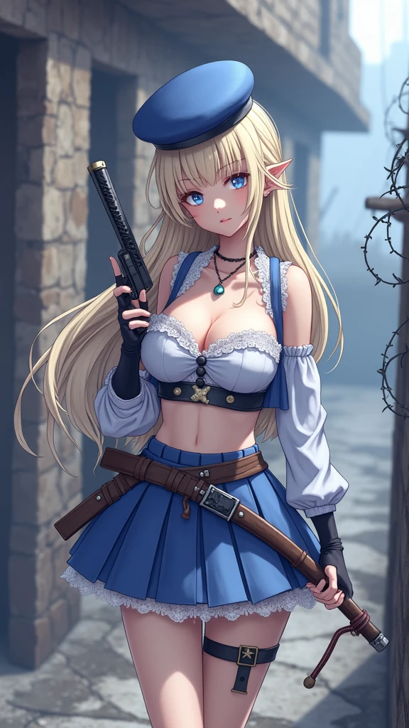 blond woman in a blue dress holding a sword and a gun,vestuario samurái colegiala japonesa, (mini skirt plizada :1.4),(Babydoll Sucker Punch) ,(corbata) ,mostrando vientre plano, ciri from the witcher, elisha cuthbert as a rpg warrior, ciri, imogen poots as a holy warrior, dove cameron in a knight armor, imogen poots as a d&d paladin, imogen poots as a paladin, (Sucker Punch:1.4), high quality, (RAW photo, best quality), (realistic, photorealistic: 1.4), (extremely delicate and beautiful: 1.4), amazing, fine details, masterpiece, ultra detailed, high resolution, best illustration, best shadow, intricate, ( extremely intricate: 1.2), (exquisitely detailed skin), cinematic light, perfect anatomy, (cool color: 1.4), sharp focus, 8k UHD, DSLR, (Fujifilm XT3),(fondo trincheras utilizadas en la Segunda Guerra Mundial en las líneas de combate)