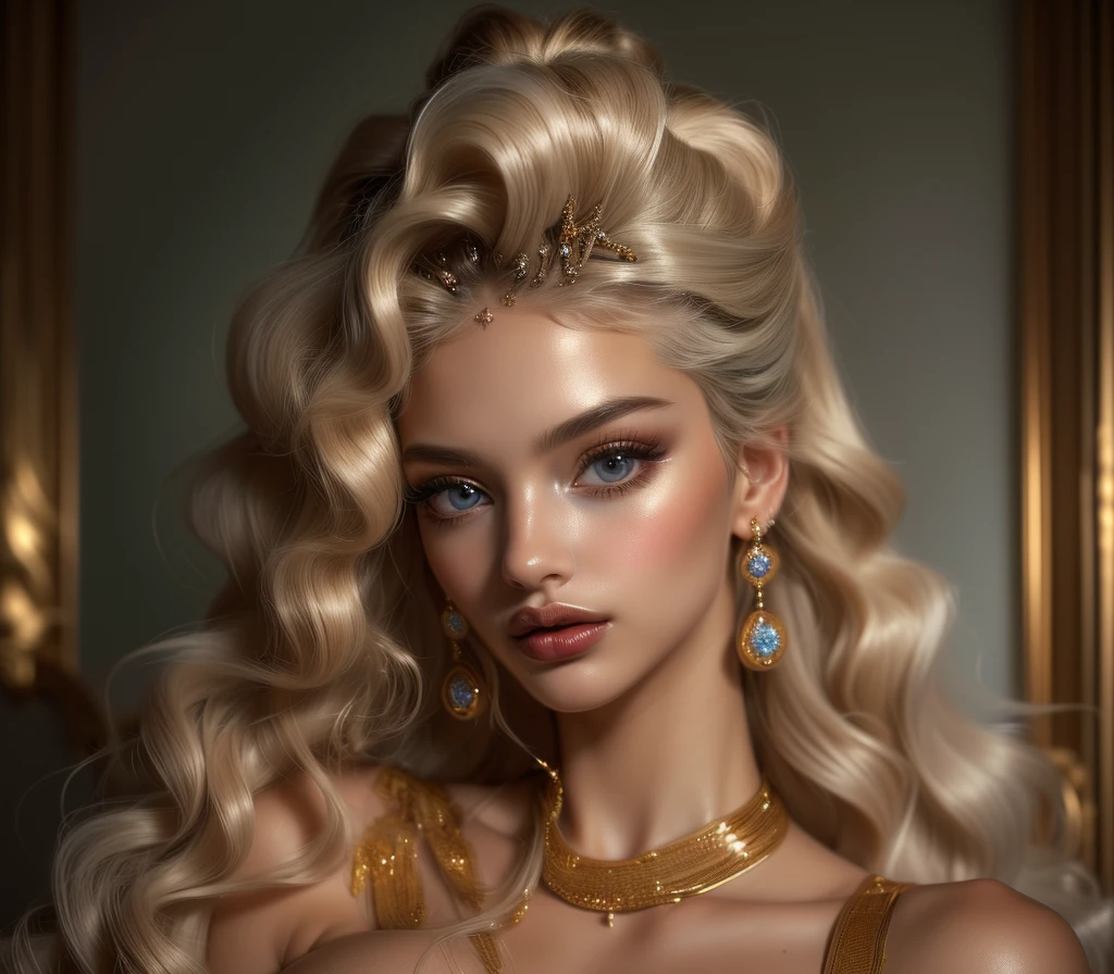 ((hyperrealism)), ((masterpiece)), ((breathtaking)) photo portrait of a gorgeous goddess with voluminous curly blonde hair, huge light grey sparkling eyes, very full luscious lips, ((dark silky skin with ethereal shimmer)), long eyelashes, very long neck, beautiful straight eyebrows, ((breathtaking beauty)), ((goddess))