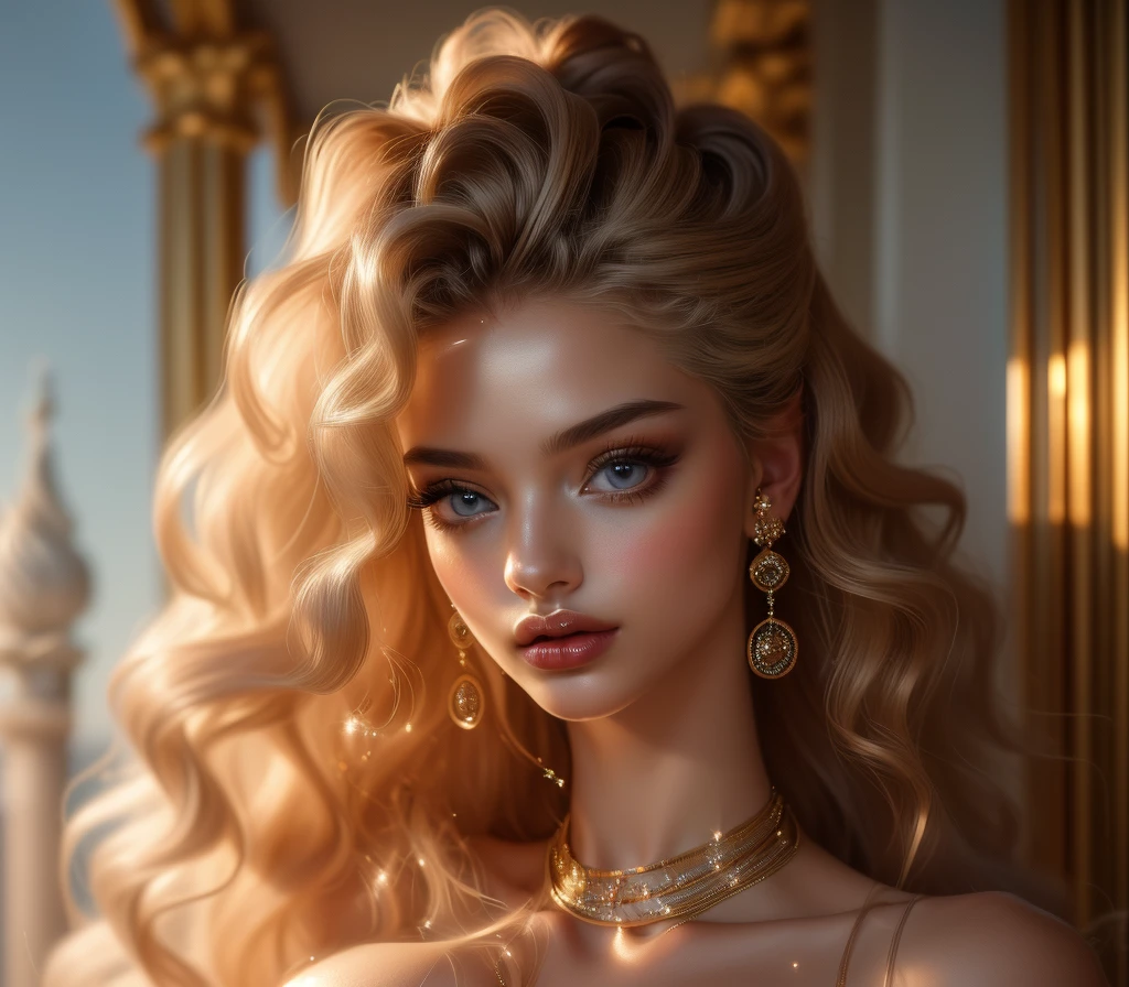 ((hyperrealism)), ((masterpiece)), ((breathtaking)) photo portrait of a gorgeous goddess with voluminous curly blonde hair, huge light grey sparkling eyes, very full luscious lips, ((dark silky skin with ethereal shimmer)), long eyelashes, very long neck, beautiful straight eyebrows, ((breathtaking beauty)), ((goddess))