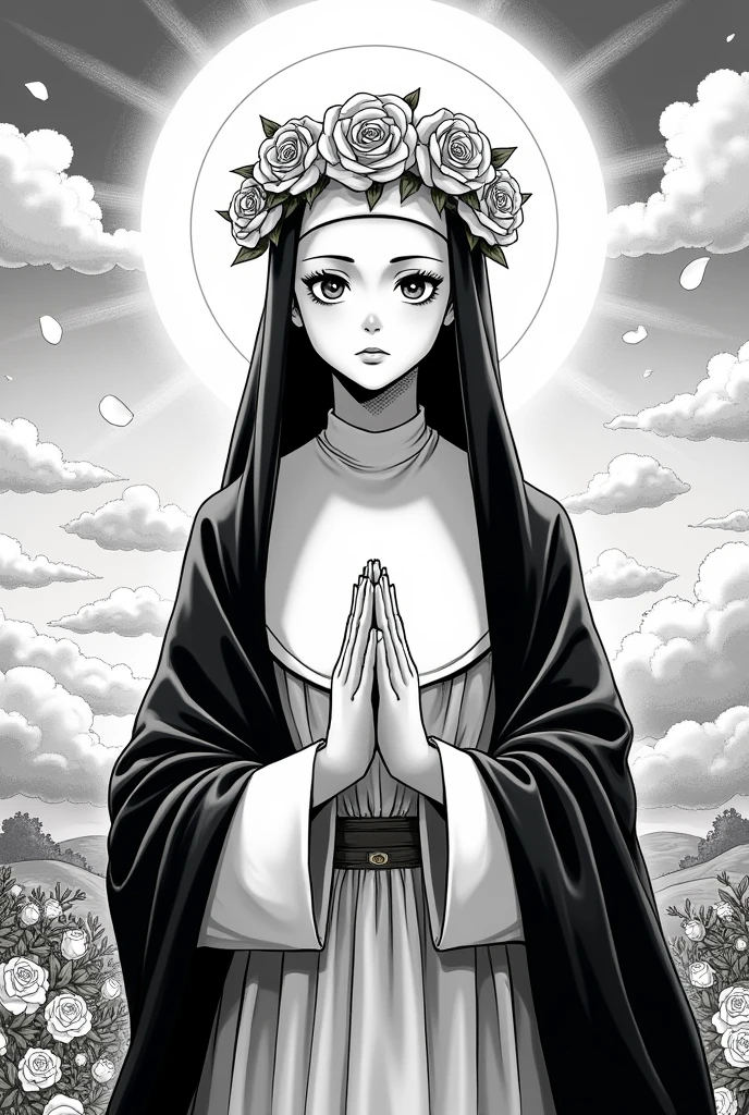 Create a manga about Santa Rosa de Lima, with a spiritual landscape, heavenly and a rose garden, She is her habit and her roses on her head, Also that the image reflects a message and its holy values, in black and white