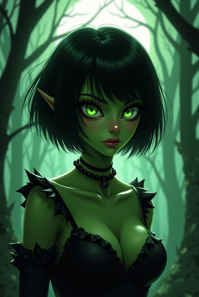 cute and sexy goblin girl, short body, black hair, green eyes, green skin, choker, small breasts, serious face, semi-realistic style, outliner, dark forest background, dark sky background, moon light, face close up