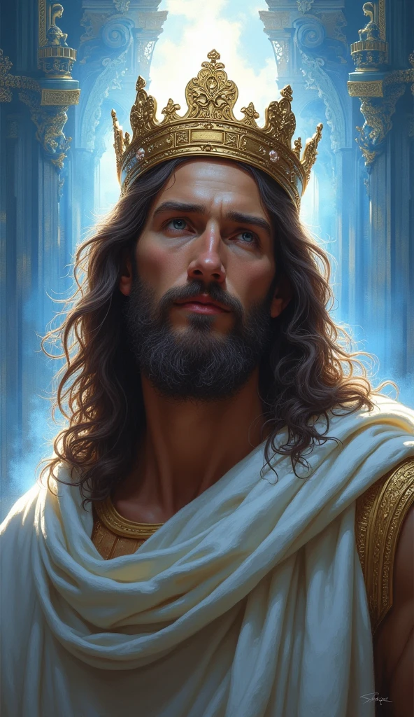 Jesus with a king&#39;s crown on his head, JesusChrist, the lord and savior, portrait of JesusChrist, Jesus of Nazareth, brilliant light masterpiece, jesus, greg olsen, king of kings, beautiful image already created, image background a kingdom of beautiful, blue and silver colors, sua mente contemplando a eternidade, glorious light,!! with a serene look and a slight smile!
