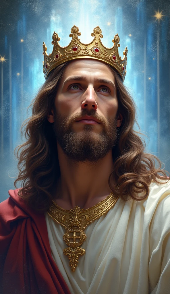 Jesus with a king&#39;s crown on his head, JesusChrist, the lord and savior, portrait of JesusChrist, Jesus of Nazareth, brilliant light masterpiece, jesus, greg olsen, king of kings, beautiful image already created, image background a kingdom of beautiful, blue and silver colors, sua mente contemplando a eternidade, glorious light,!! with a serene look and a slight smile!
