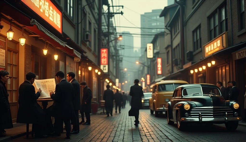 2024 Tokyo street scene, people reading newspapers, old-fashioned street lamps, vintage architecture, overcast weather, realistic, cinematic lighting, dramatic shadows, sepia toned, moody atmosphere, detailed textures, weathered buildings, cobblestones, classic cars, people in 1940s fashion, photorealistic, 8k, highly detailed, masterpiece
