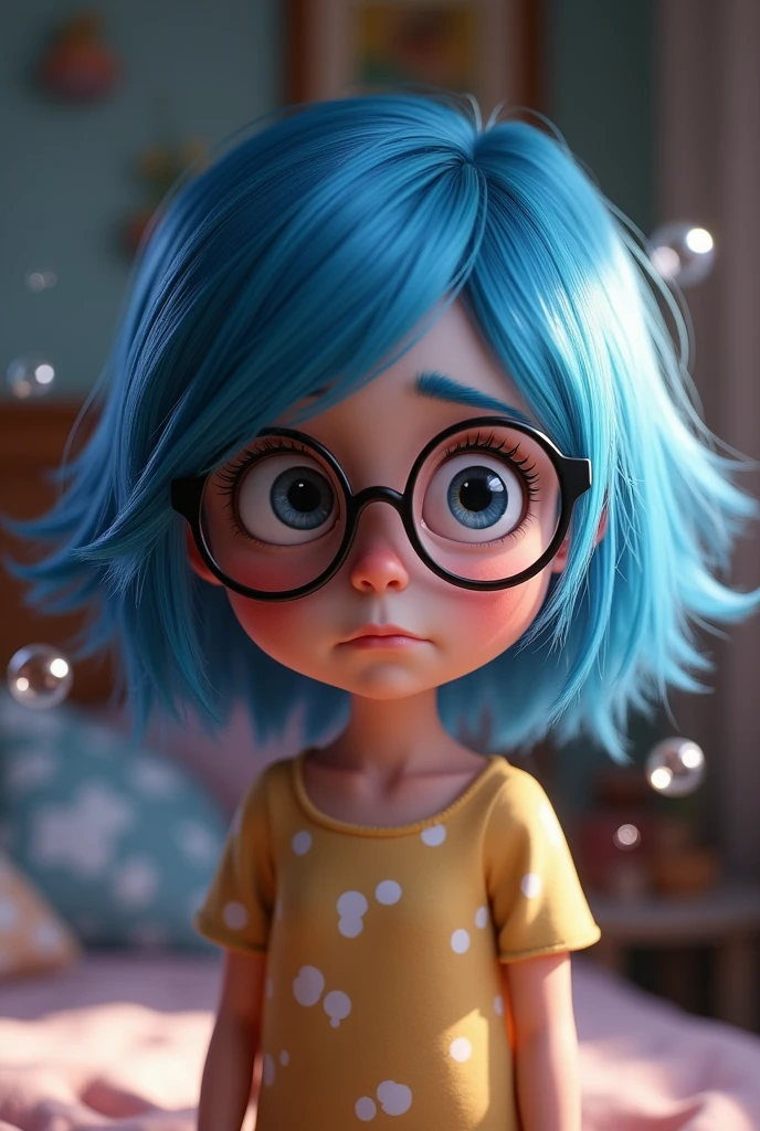 a close up of a cartoon character with blue hair and glasses, cute pixar character, ideal pixar character, sadness personified, by Pixar, pixar character design, pixar character, sadness look, anato finnstark. pixar, bubbles ”, in style of disney pixar, animated movie iinside out convert into a real life character that standing in her room