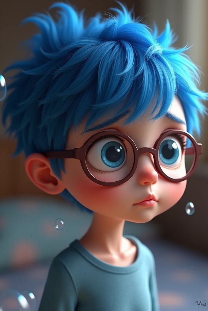 a close up of a cartoon character with blue hair and glasses, cute pixar character, ideal pixar character, sadness personified, by Pixar, pixar character design, pixar character, sadness look, anato finnstark. pixar, bubbles ”, in style of disney pixar, animated movie iinside out convert into a real life character that standing in her room