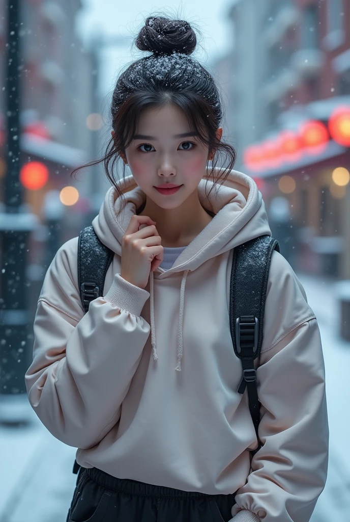 Korean women with smooth white skin, well-groomed face, ,beautiful eyes,pink huddle,dark storm clouds,satin,joy,hoody,cargo pants,,,backpack,Korean style bun hair ,8k resolution,The content is very detailed,Anatomically correct,sharp image,Tren Pixiv,8k, Masterpiece, best quality, city, snowing, snow cover,Realistic original photo 
