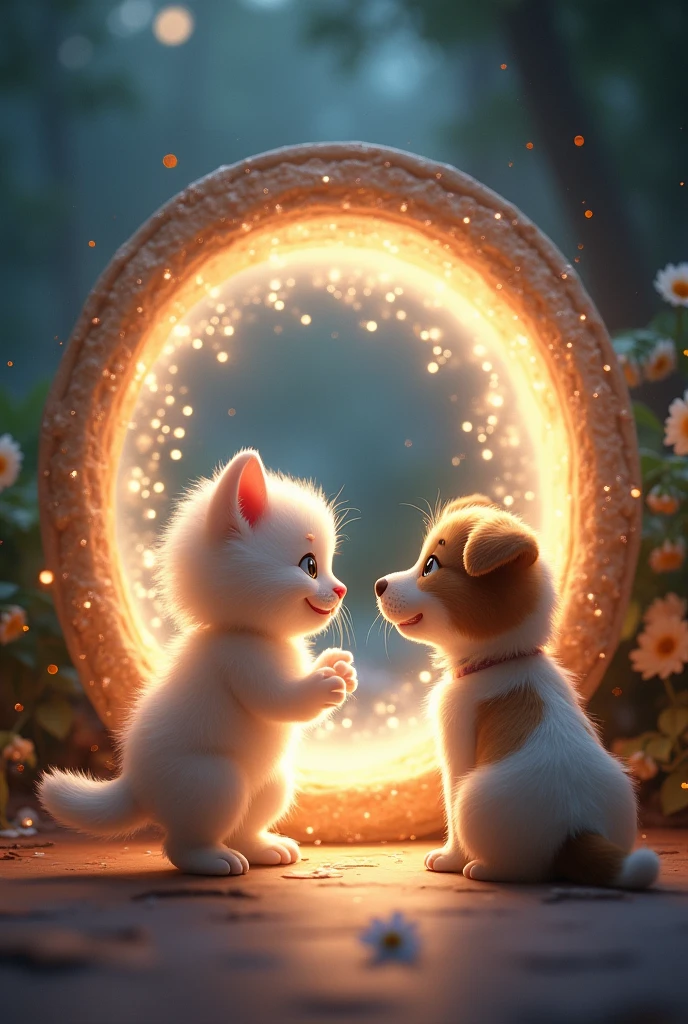 create a kitten meeting his dog friend through a portal
