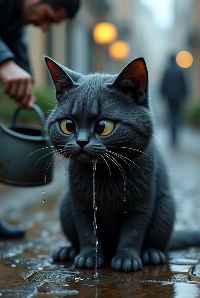 **Prompt:** "Make cat 3D like meow meow. Close-up of a sad cat with large, expressive eyes, demonstrating deep sadness and melancholy. The cat appears full body in the scene, It is all wet, with thick and heavy fur, stuck to its body due to the water. The texture The cat is standing on a cobblestone street, with puddles of water around him, his paws submerged in the water that reflects his figure. is leaning forward, pouring water from a bucket onto the cat. The water comes out of the bucket in 