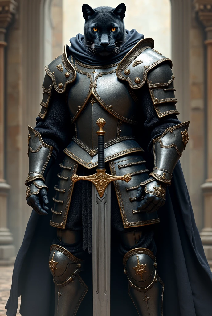 A black panther equipped with extremely stylish and imposing medieval armor, that looks strong and heavy. The armor must be beautiful and detailed., with an intense and fixed gaze forward. She holds a sword in a firm and determined stance., Transmitting strength and determination