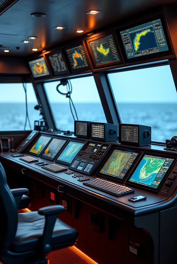 can you generate me a pic of Electronic Chart Display and Information System (ECDIS), Radar/ARPA, Course Recorder, Echo Sounder, Gyro Compass, Electromagnetic/Doppler Log