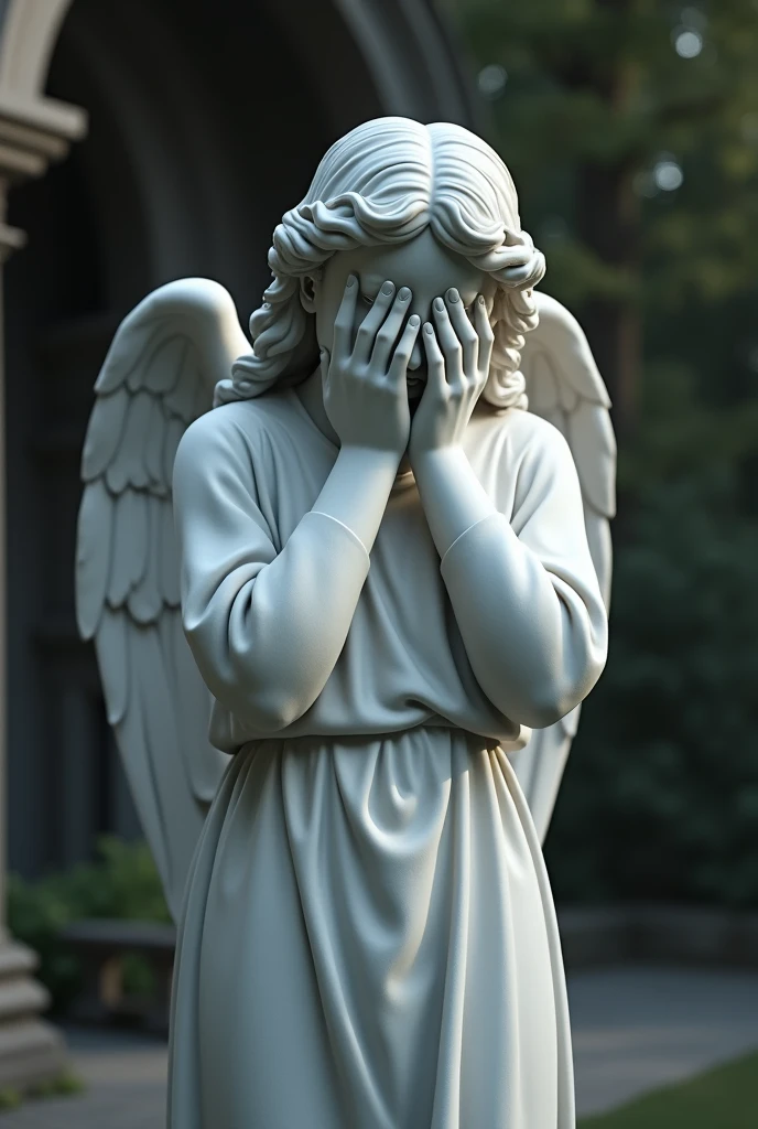 Realistic image of angel statue covering its eyes