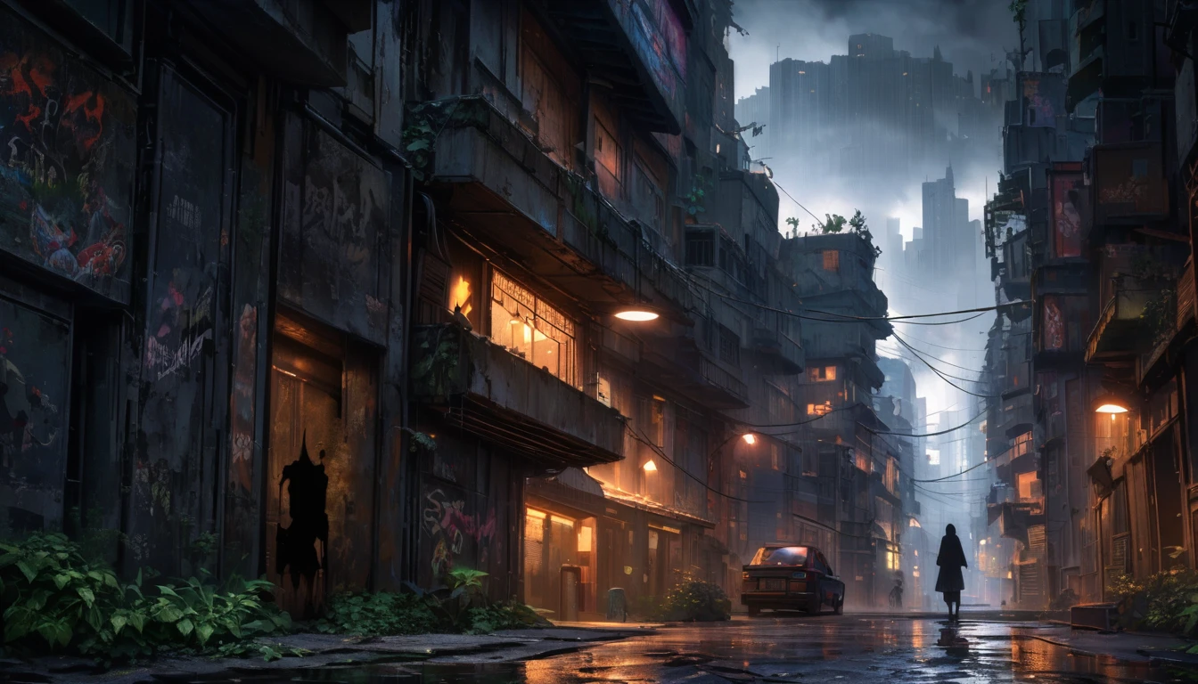 ((masterpiece)), ((best quality)), (very detailed), 4K, (8k), best quality, (beautiful), dark, cityscape, shadow figure, The twisted building, mysterious atmosphere, dim street lights, night scenery, A light twinkling in the distance, City skyline silhouette, Abandoned alley, Foggy fog, old street, Hauntingly beautiful architecture, A grown plant is climbing the wall.., ominous clouds swirling in the sky, Hidden Secrets Hiding in the Shadows, Eerie reflections on wet pavement, stuck in the past, Loneliness in a crowded city, sharp contrast of darkness and light, Mysterious figures disappearing into the night, Whispers of a Forgotten Story, Subtle warning signs, Expressive graffiti on a crumbling wall, A pervasive sense of depression, A thick atmosphere of anticipation and tension, A vivid depiction of the destruction of the city, Echoes of a Lost Dream, Balancing reality and fantasy, Revealing the city&#39;s hidden layers, unearthly beauty in the darkness, A ray of hope in despair,dark corners revealing fragments of life.