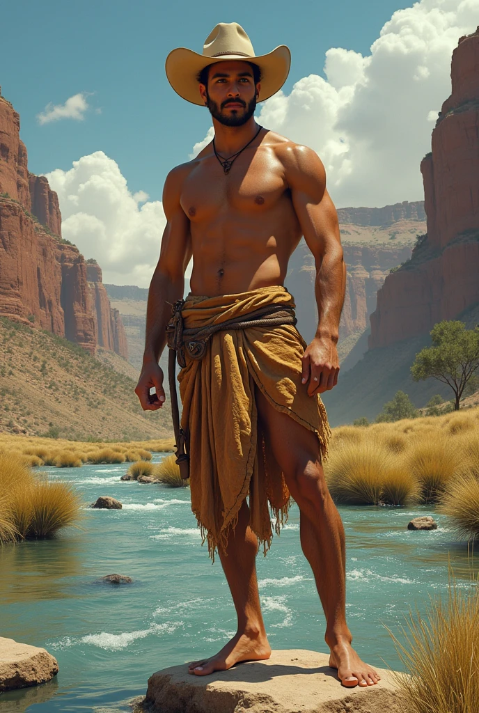 Prompt: in paul cadmus and jc leyendecker art style, fullbody, perfect detailed beatifull face, view from behind, wild west, a detailed, cute, gorgeous, perfect anatomy, divine proportion, shirtless, pantless, barefoot, realistic skinny muscles, wearing loincloths latino young man, standing on a rock in the river, ultra hd, realistic, vivid colors, highly detailed, UHD drawing, pen and ink, perfect composition, beautiful detailed intricate insanely detailed octane render trending on artstation, 8k artistic photography, photoreali
