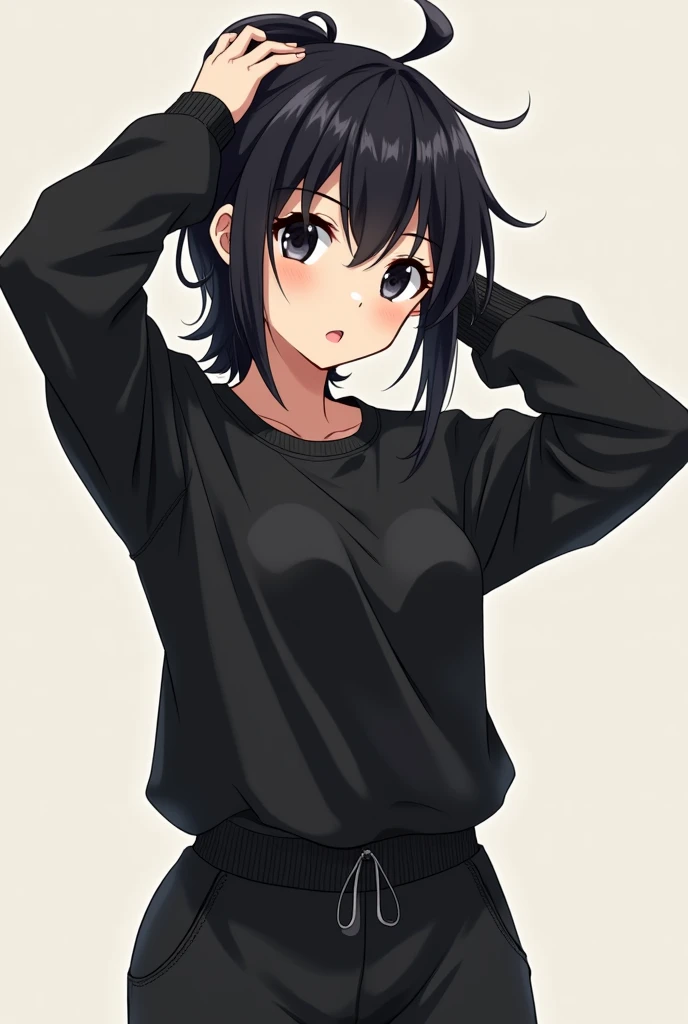 Adult anime woman, with black messy hair, black eyes, black sweat shirt shirt, sweat pants, fit physique, looking cool, a little muscle tone, fixing her hair