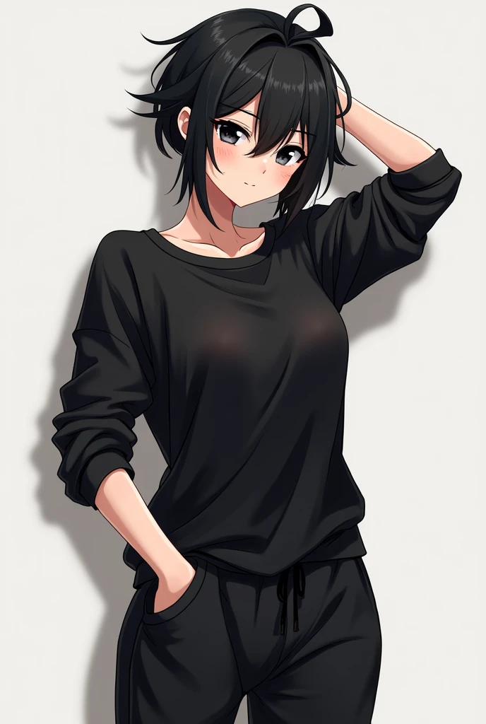 Adult anime woman, with black messy hair, black eyes, black sweat shirt shirt, sweat pants, fit physique, looking cool, a little muscle tone, fixing her hair