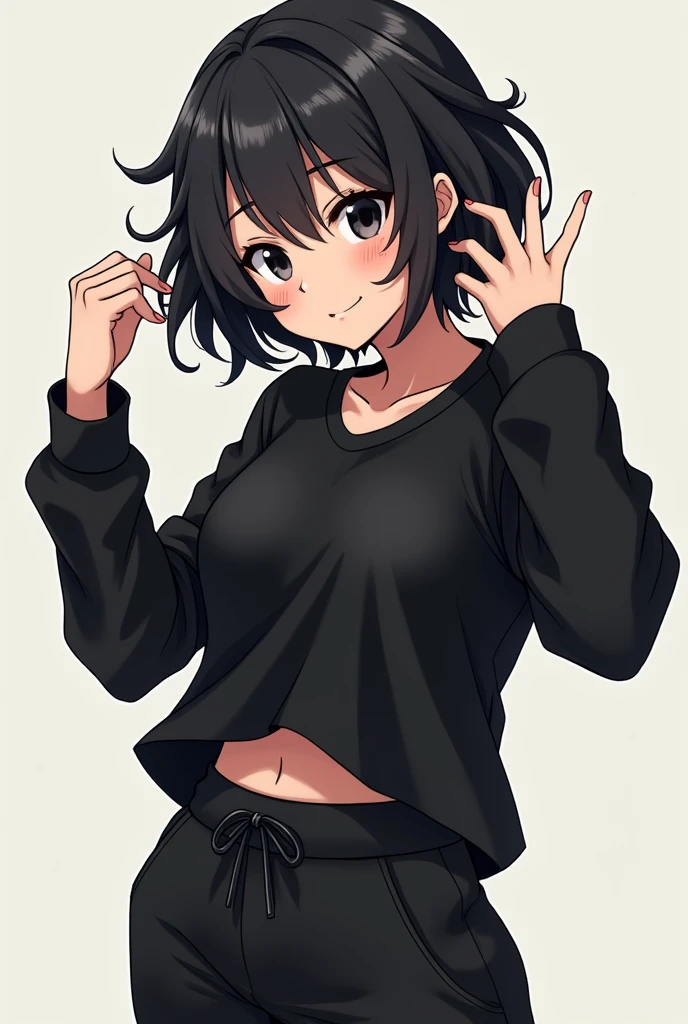 Adult anime woman, with black messy hair, black eyes, black sweat shirt shirt, sweat pants, fit physique, looking cool, a little muscle tone, fixing her hair