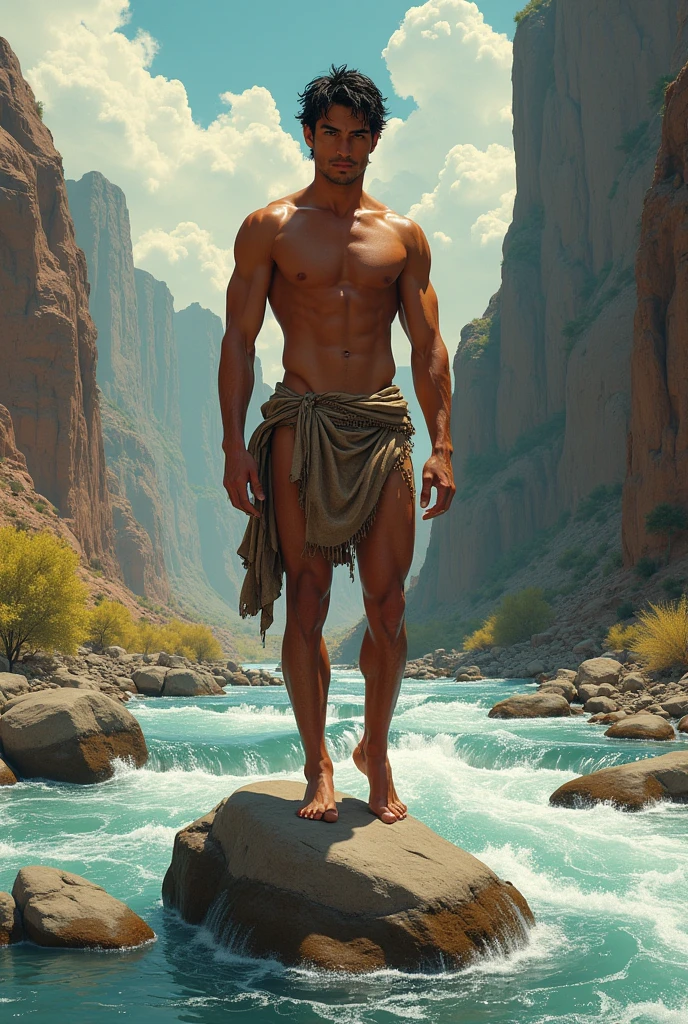 Prompt: in paul cadmus and jc leyendecker art style, fullbody, perfect detailed beatifull face, front view, wild west, a detailed, cute, gorgeous, perfect anatomy, divine proportion, shirtless, pantless, barefoot, realistic skinny muscles, wearing loincloths latino young man, standing on a rock in the river, ultra hd, realistic, vivid colors, highly detailed, UHD drawing, pen and ink, perfect composition, beautiful detailed intricate insanely detailed octane render trending on artstation, 8k artistic photography, photoreali