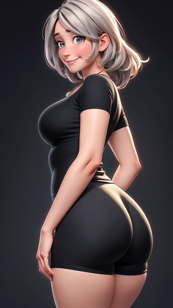 Emily Blunt, (best qualityer:1.4),(first Ablaze), body focus, (cute face), work of art, ultrarealistic, (((best qualityer))), ((comely Finger)), , comely body, Gorgeous character design, ,lighting perfeita, ambient light, colorfully, Ablaze_front_face_lighting, ultra high resolution, high resolution, absurderes:1.2, bokeh:1.2, Lens flare, (Vibrant_colour:1.2), (comely, medium breasts:1.2), (thick-thighs:1.1), thick,
Animated female character, 84kg, ((curvy body)), sideways back, Round face, kind smile, ((wearing very tight lycra shorts and black top)), fitted shorts, silver necklace with pendant, wrinkles, long hair, big ass view, ((view from the side))