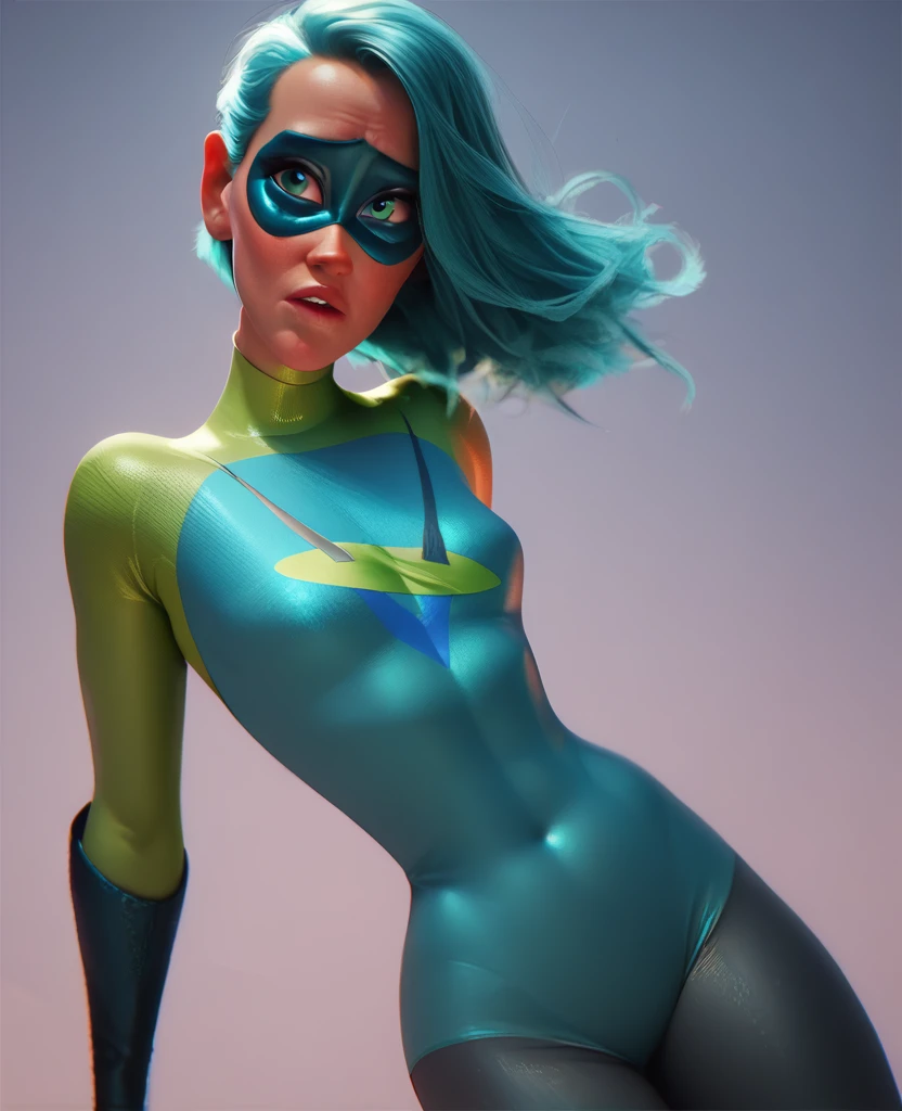 Voyd, turquoise eyes, teal hair, ssmile, tight lime green and teal leotard with sleeves, mask, whole body, pose, best qualityer