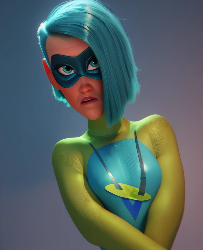 Voyd, turquoise eyes, teal hair, ssmile, tight lime green and teal leotard with sleeves, mask, whole body, pose, best qualityer